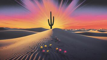 Cactus in Desert with Flowers at Sunset photo