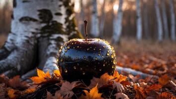 Apple with Water Droplets on Autumn Leaves in Forest photo