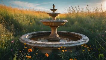 Stone Fountain with Water in Field of Flowers photo