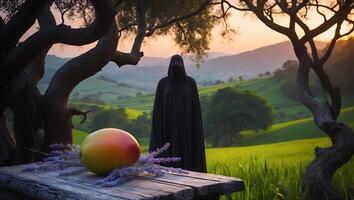 Mango with Reaper on Table in Meadow Landscape photo