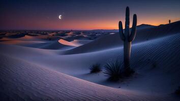 Desert Landscape at Night with Cactus and Sand Dune photo