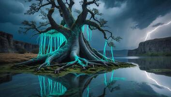Dramatic Tree on Water with Stormy Sky and Lightning photo