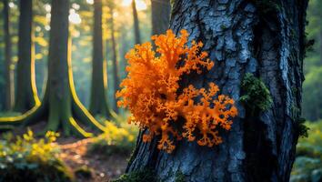 Orange Fungus on Tree Trunk in Forest photo