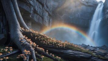 Mushrooms Near Waterfall with Rainbow photo