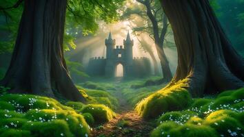 Castle in Forest Path with Sun Rays photo