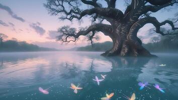 Enchanting Tree Over Water with Glowing Butterflies photo