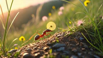 Ant Carrying Dandelion Seed on Grassy Hill photo
