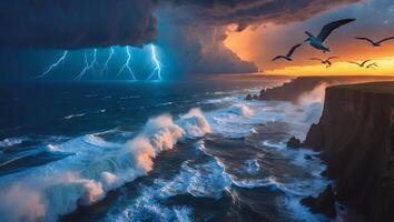 Seascape with Lightning Storm and Birds Over Cliff photo