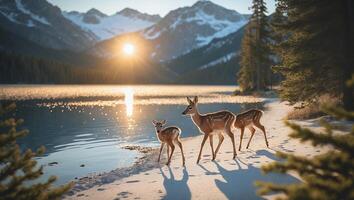 Deer Walking on Lakeside Beach in Mountains at Sunrise photo