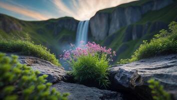 Waterfall with Pink Flower on Rocks photo
