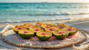 Cut Feijoa Fruit on Plate at Beach photo