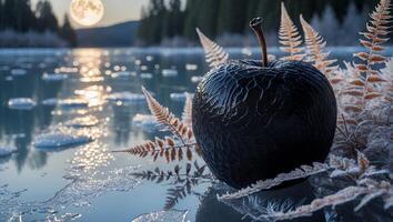 Black Apple on Frozen Lake with Fern and Moon Background photo