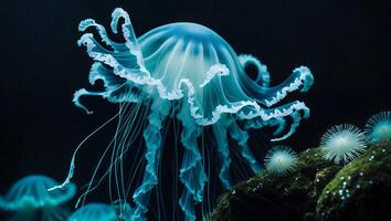 Glowing Jellyfish in Dark Ocean Water photo
