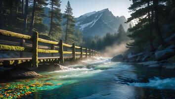 River Flowing Under Bridge in Mountain Landscape photo