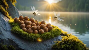 Pile of Nuts with Dragonflies by Lake at Sunrise photo