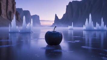 Apple on Frozen Lake with Ice Formations and Mountains photo