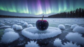 Apple on Ice Under Aurora Borealis Night Sky photo