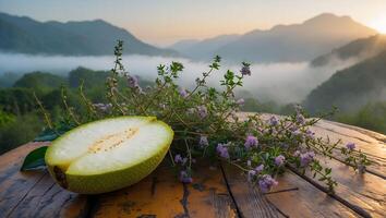 Cut Melon with Flower on Wooden Surface with Mountains photo