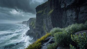 Coastal Cliff Face on Cloudy Day with Ocean Wave photo