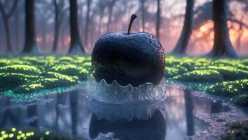 Black Apple in Water with Forest Background photo