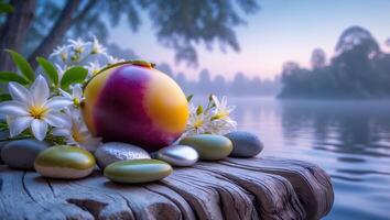 Still Life with Fruit Flowers and Rocks on Wooden Surface photo