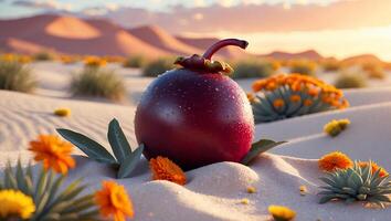 Mangosteen in Desert Landscape with Flowers at Sunset photo