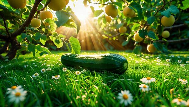 Cucumber on Grass with Sunshine Through Apple Tree Branches photo