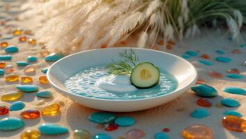 Cucumber Yogurt Soup on Sand with Decorative Stones and Dill photo
