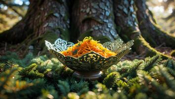 Carrot Noodle on Decorative Bowl in Forest Setting photo