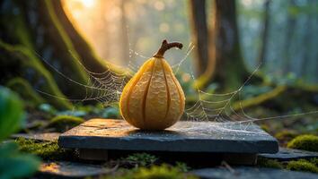 Yellow Gourd with Spiderweb on Slate Board in Forest photo