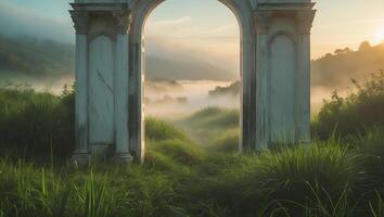 Marble Arch in Grassy Field Misty Landscape photo