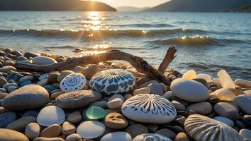 Decorated Rocks at Lake Beach with Sunset photo