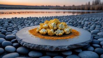 Cauliflower Florets with Turmeric Powder on Stone Plate photo