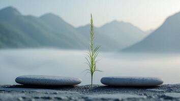 Still Life with Stone and Sprout Over Mountain Landscape photo