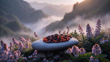 Pile of Beans on Stone with Mountain Landscape and Flowers photo