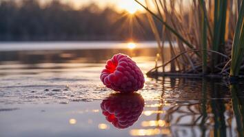 Raspberry on Water Reflecting Sunset photo