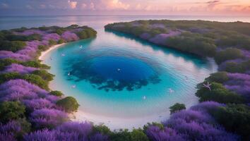 Island Lagoon with Birds and Purple Trees at Sunset photo