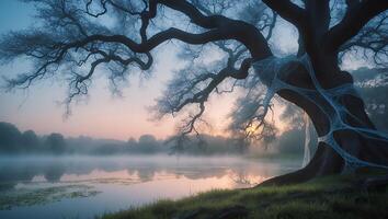Tree with Cobweb Near Foggy Lake at Sunrise photo