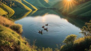 Ducks Swim on Lake Surrounded by Green Hills and Sunshine photo