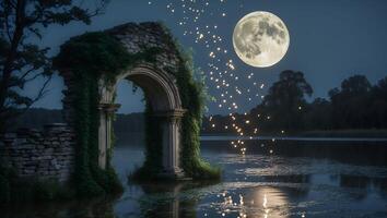 Stone Arch with Full Moon Over Water photo
