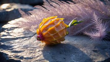 Yellow Pitaya Fruit on Stone with Pink Plume Grass photo