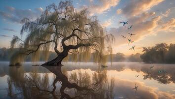 Willow Tree with Dragonflies Over Foggy Lake at Sunrise photo