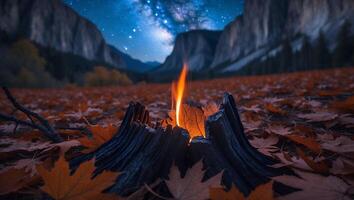 Stump Fire at Night Mountains, Stars, and Autumn Leaves photo