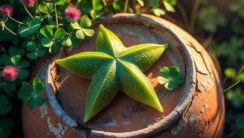 A green plant in a pot with pink clover photo