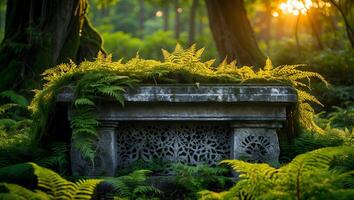Stone Structure Covered with Fern in Bright Forest photo