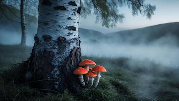 Fly Agaric Mushrooms by Birch Tree in Misty Landscape photo