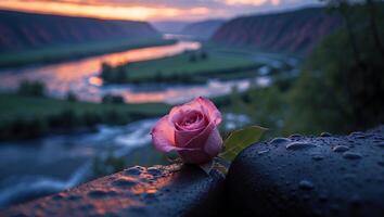 Pink Rose with Dewdrops Overlooking River at Sunset photo