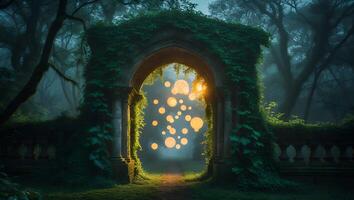 Ivy Covered Stone Archway with Glowing Orbs in Misty Forest photo