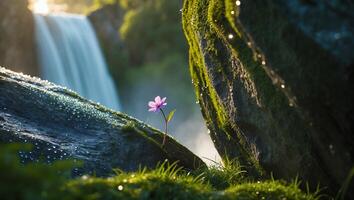 Purple Flower Growing by Waterfall on Mossy Rocks and Green Grass photo