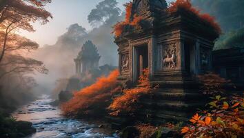Ancient Temple with River in Misty Forest photo